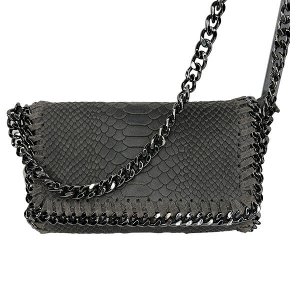 Reptile Crossbody Bag Chain Long Strap Olive Green Gray Leather Italy 8.5 x 5.5 - Picture 3 of 9